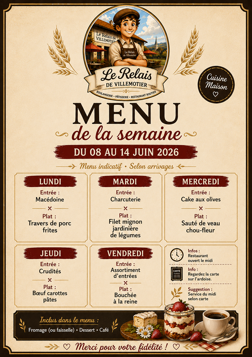 Menu de la semaine disponible en ligne